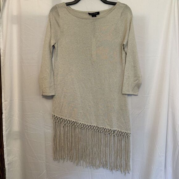 White House Black Market Size XS Fringed Tunic Gold Ivory Metallic Asymmetric - Picture 2 of 5